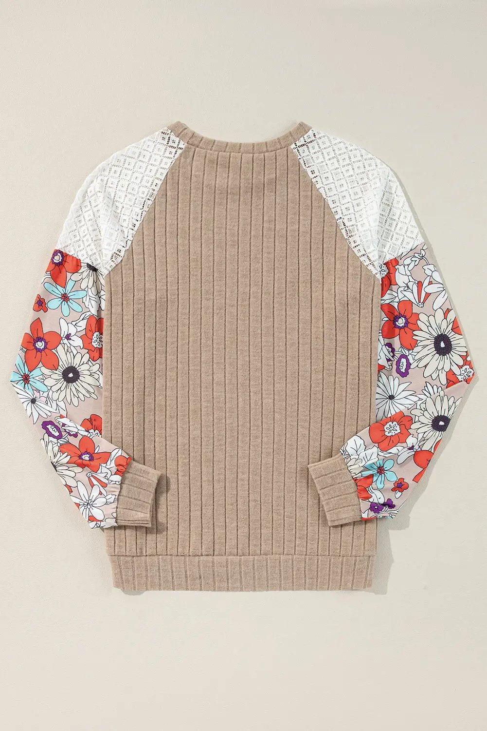 Bailey Patchwork Long Sleeve Ribbed Blouse with Floral Lace Detail - Love Salve 