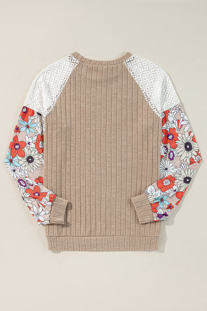 Bailey Patchwork Long Sleeve Ribbed Blouse with Floral Lace Detail - Love Salve 