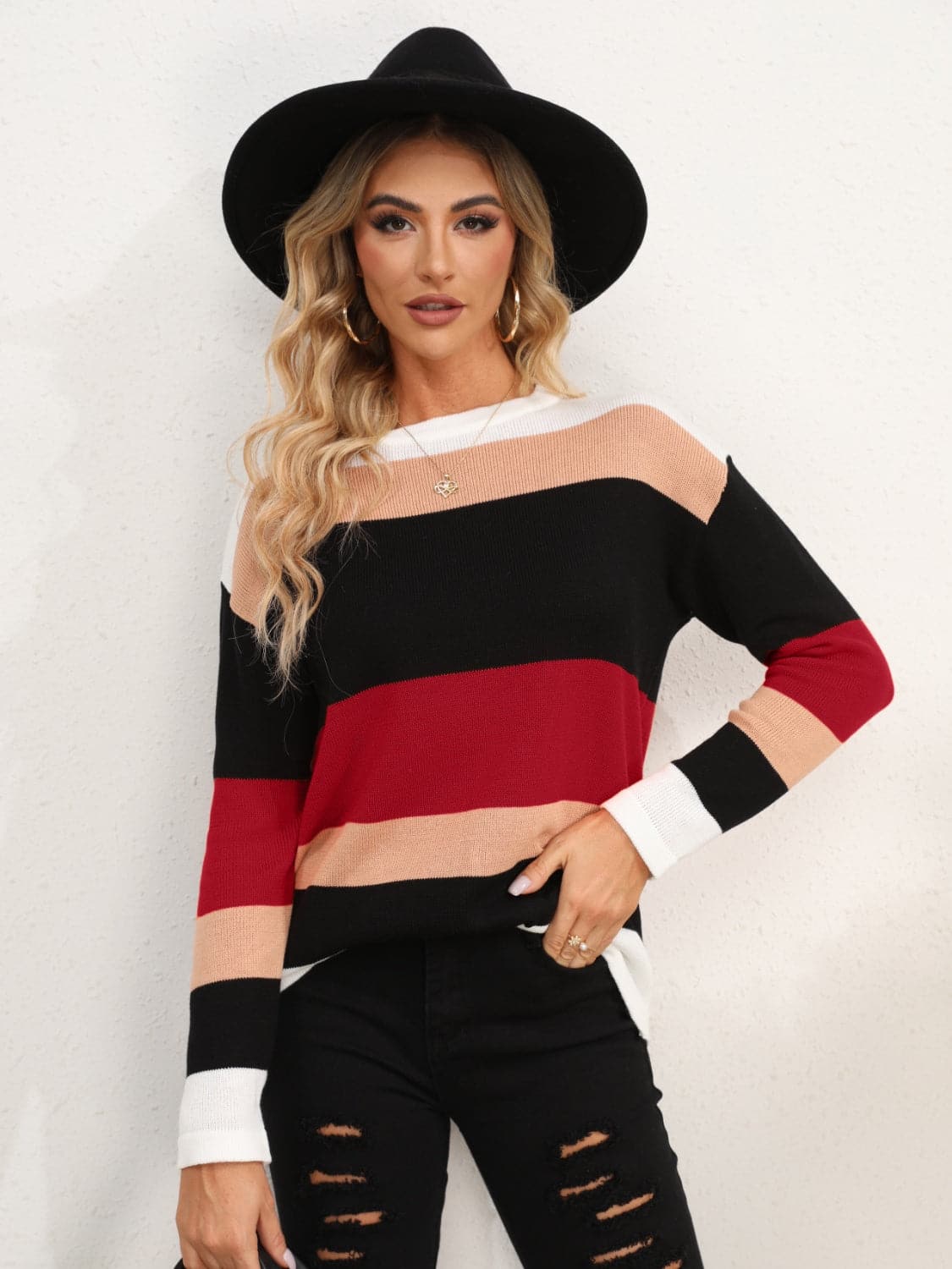 Striped Round Neck Dropped Shoulder Sweater.