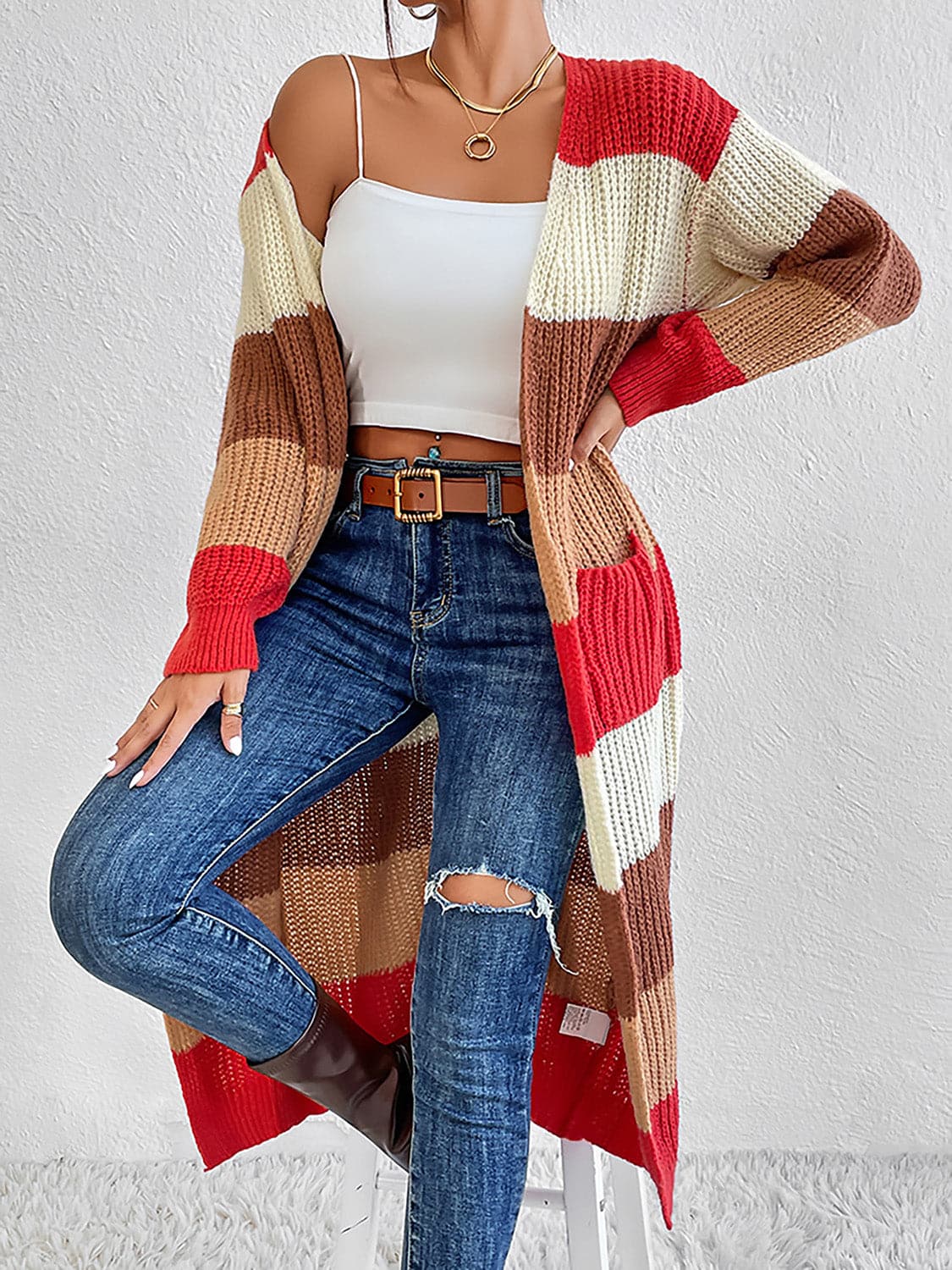 Color Block Open Front Longline Cardigan.