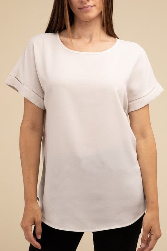 Woven Heavy Dobby Rolled Sleeve Boat Neck Top.