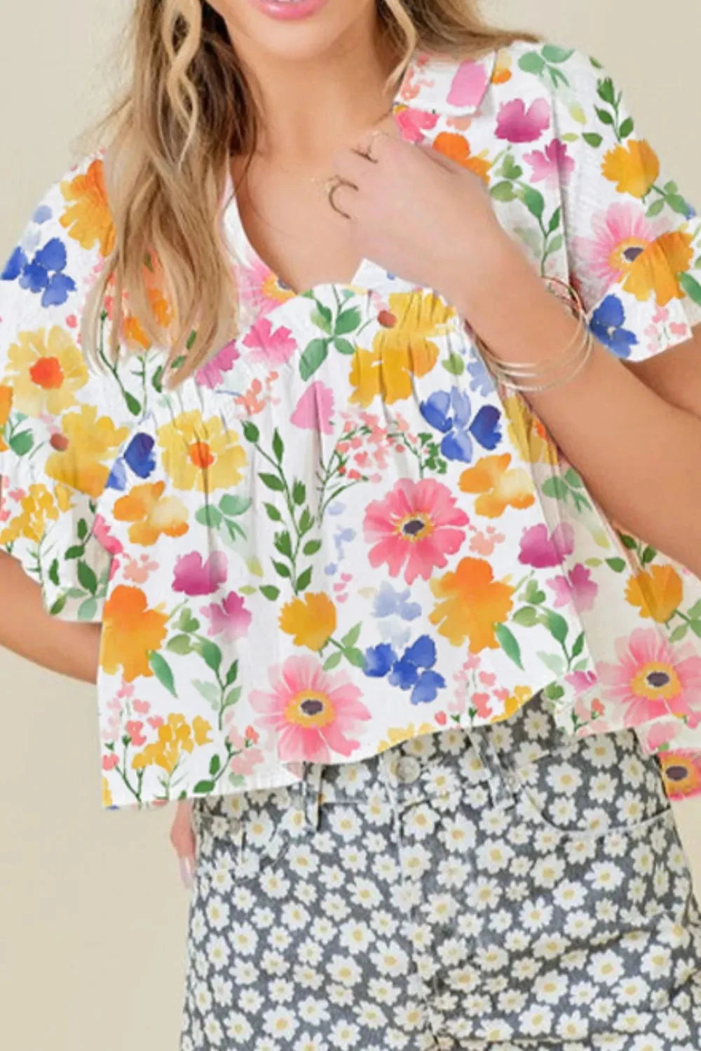 Floral Boxy Fit Ruffled Short Sleeve Blouse Simply Love