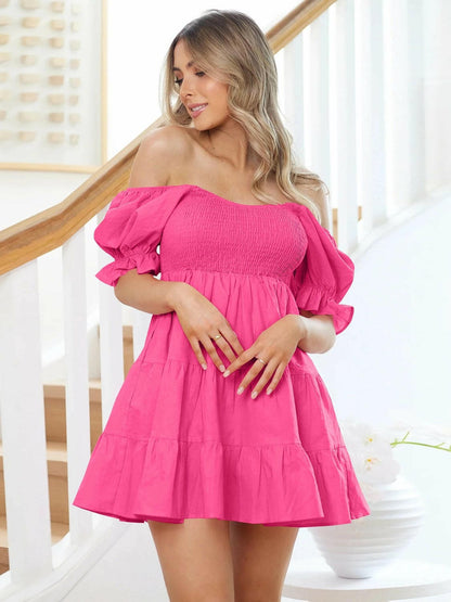 Smocked Flounce Sleeve Mini Dress.