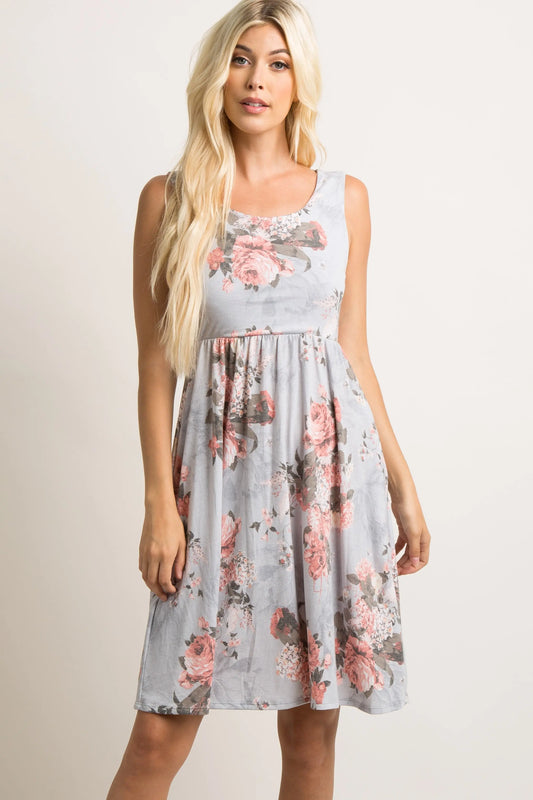 Light Grey Floral Sleeveless Dress For Women Casual Summer Final Sale PinkBlush