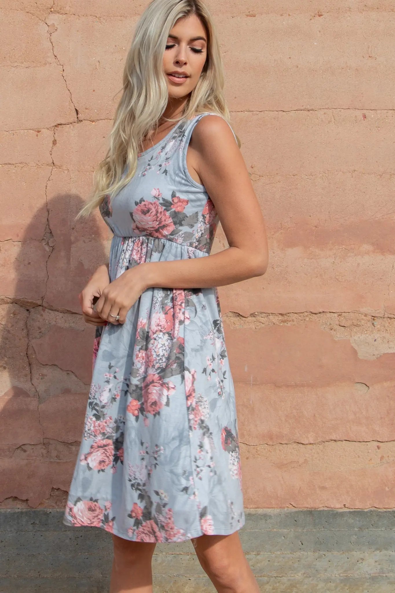 Light Grey Floral Sleeveless Dress For Women Casual Summer Final Sale PinkBlush