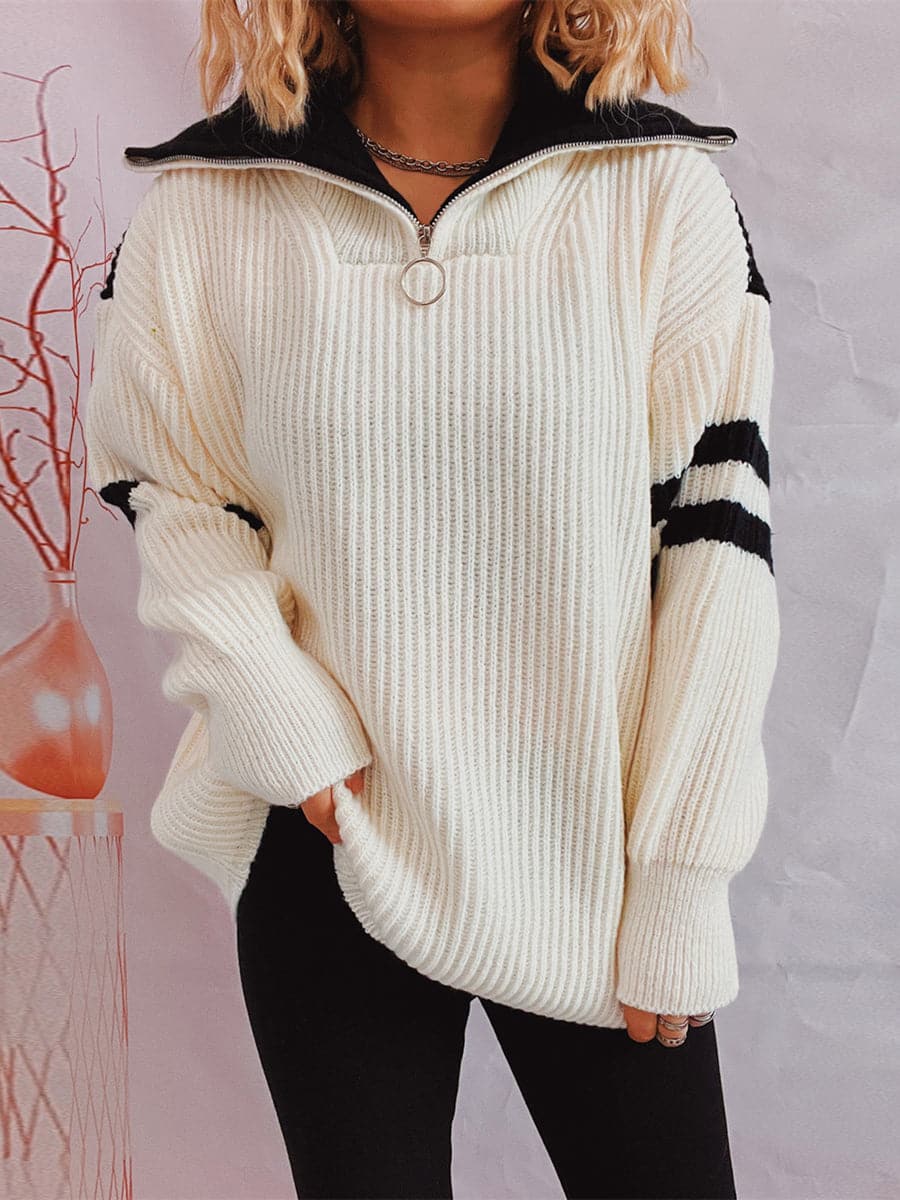 Ribbed Two-Tone Half Zip Sweater.