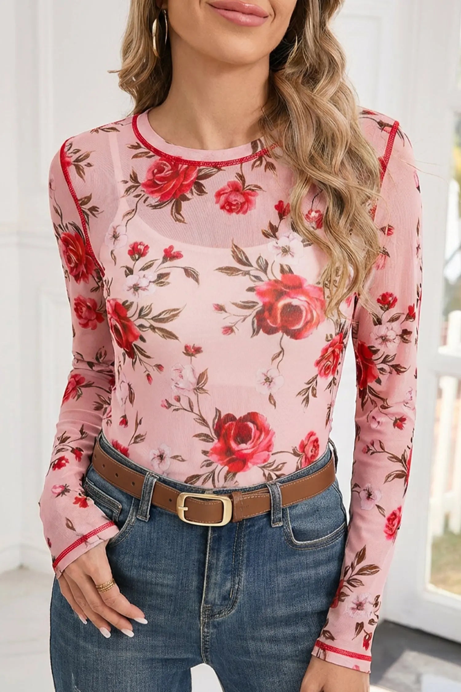 Pink Floral Print Mesh Long Sleeve Top With Exposed Seam Detail Dear-Lover Dropshipping