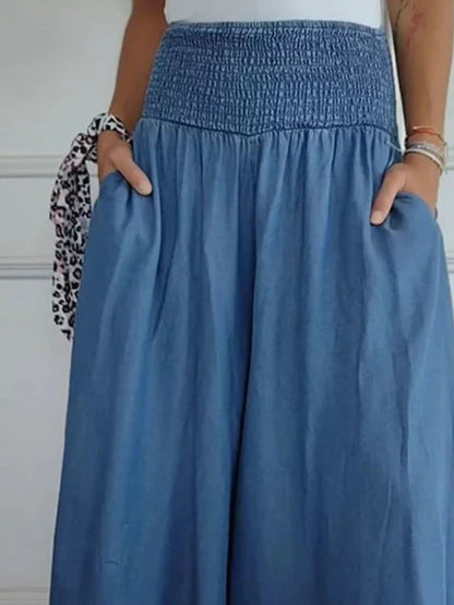 Smocked Wide Leg Pants with Pockets in Full Size