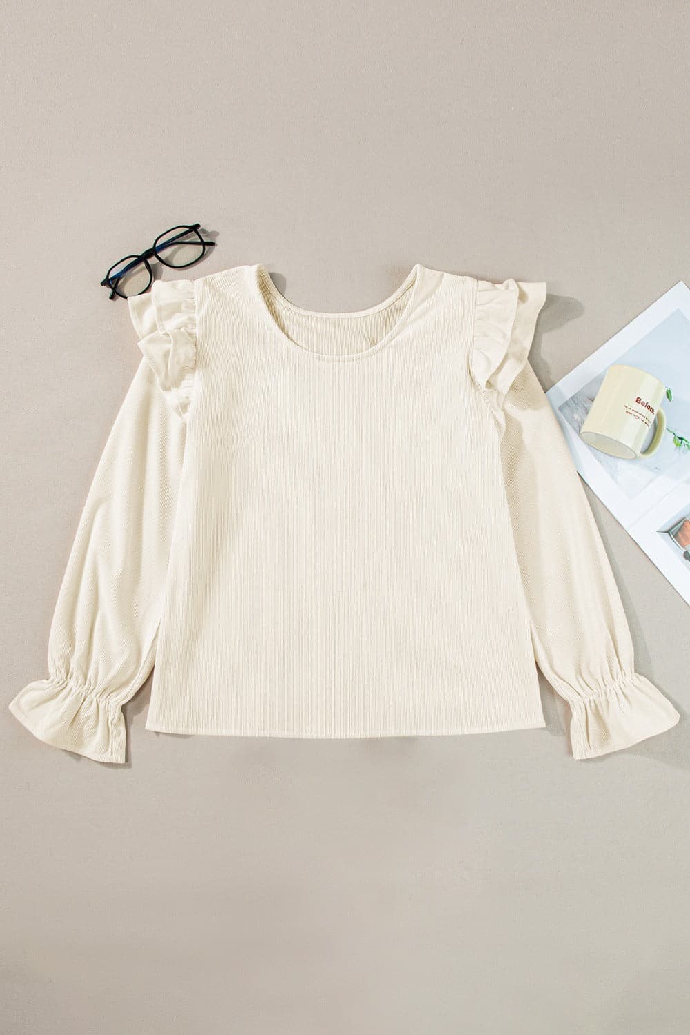 Ruffled Round Neck Flounce Sleeve Top.