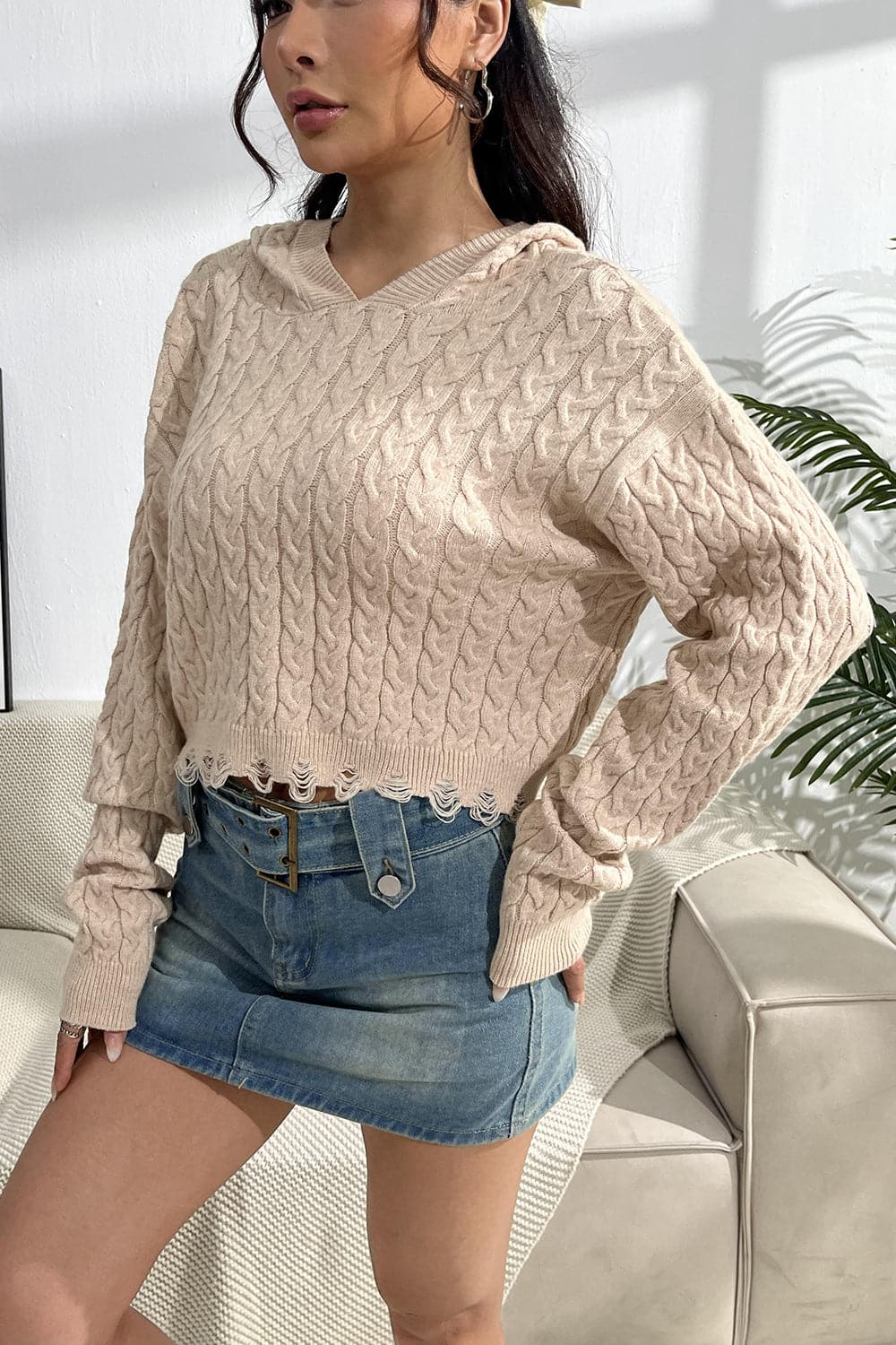 Cable-Knit Dropped Shoulder Hooded Sweater.