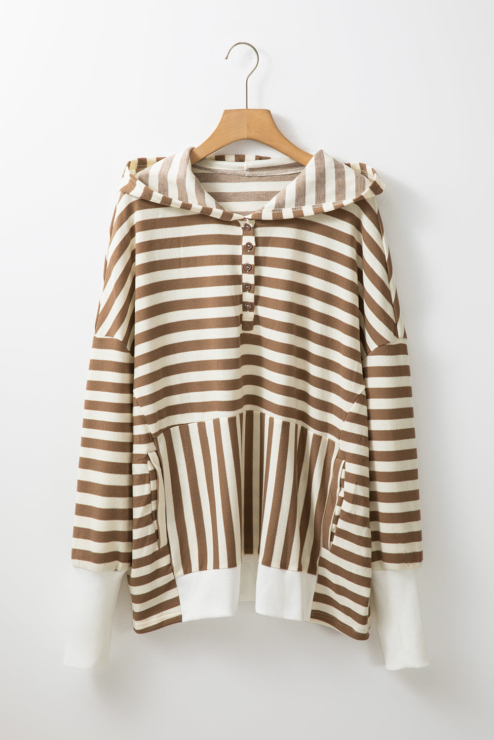 Chic brown striped plus size hoodie with quarter buttons and drop sleeves