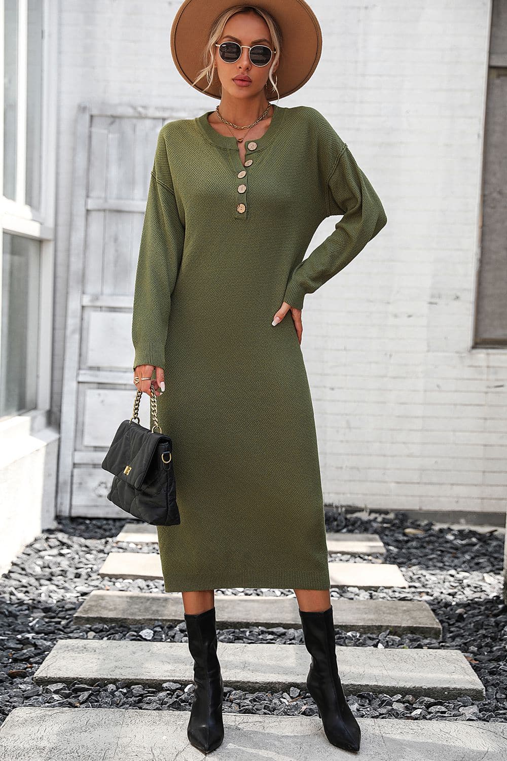 Notched Neck Dropped Shoulder Button-Down Midi Dress.