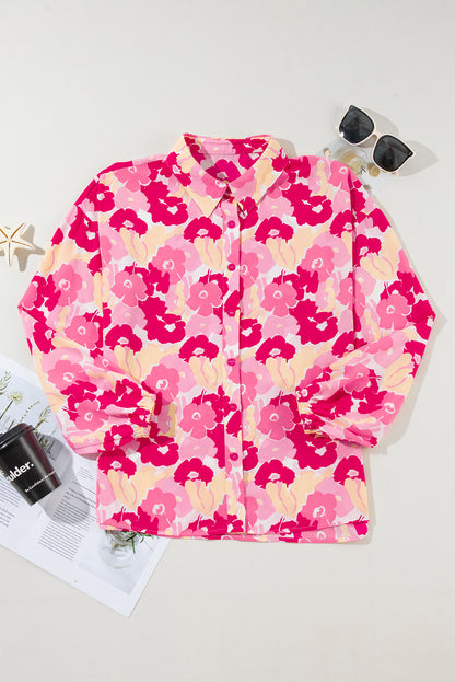 Chic pink floral puff sleeve button-up shirt