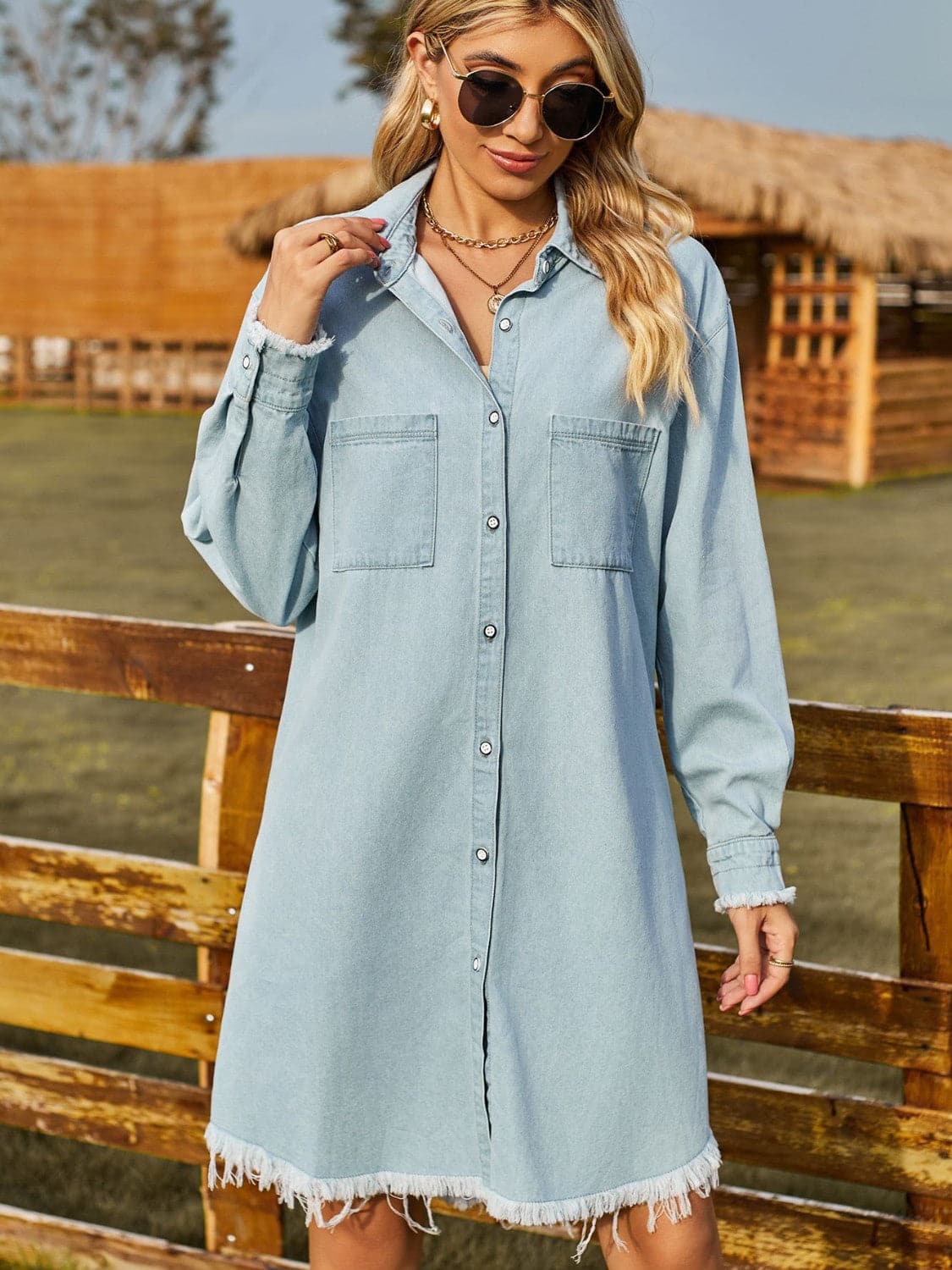 Button Up Collared Neck Raw Hem Denim Dress.