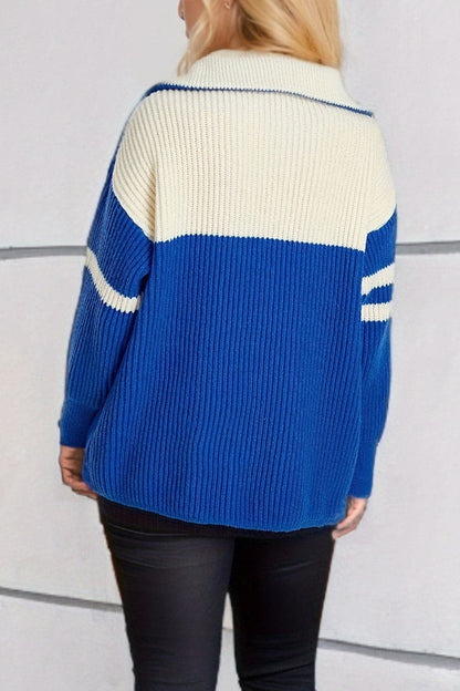 Quarter Zip Striped Dropped Shoulder Sweater.