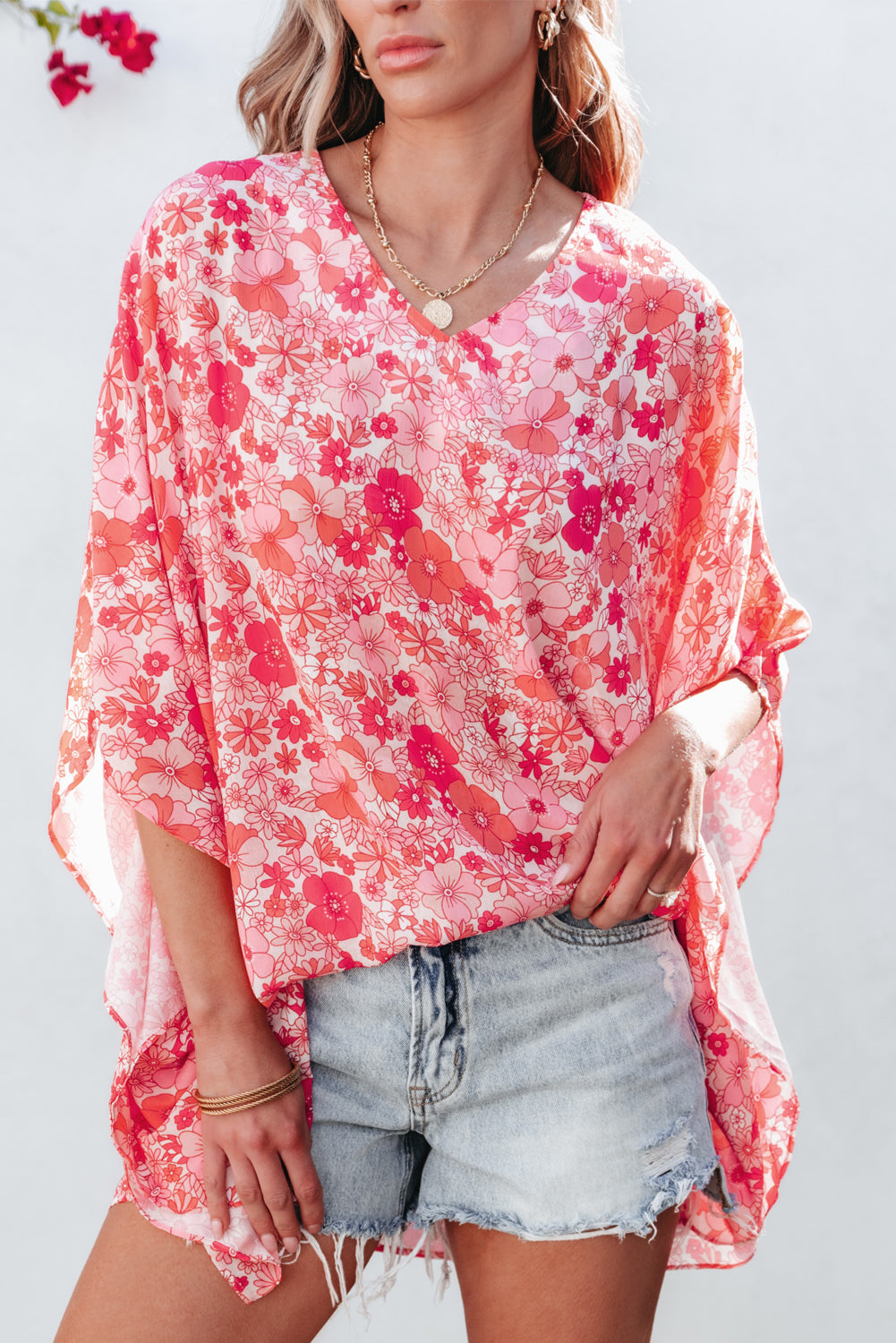 Pink floral boho kimono-style blouse with V neckline