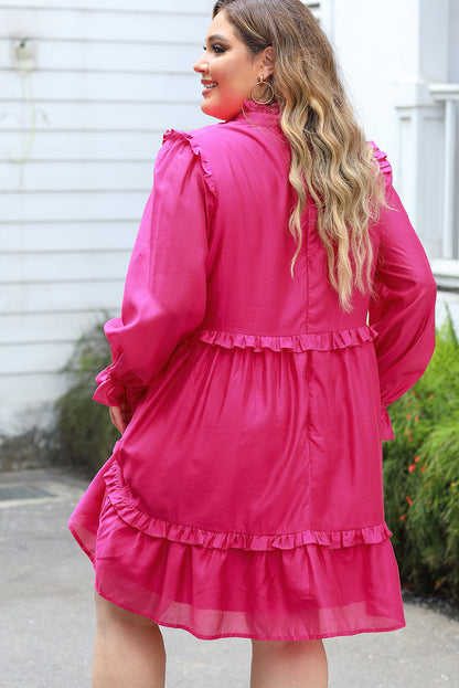 Rosy ruffled bubble sleeve plus size dress