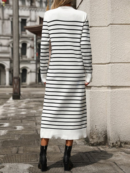 Striped Round Neck Long Sleeve Dress.