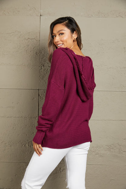 Woven Right Horizontal Ribbing Fringe Trim Hooded Sweater.