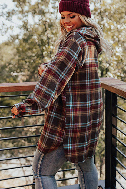 Chic fiery red plaid plus size hoodie with kangaroo pocket