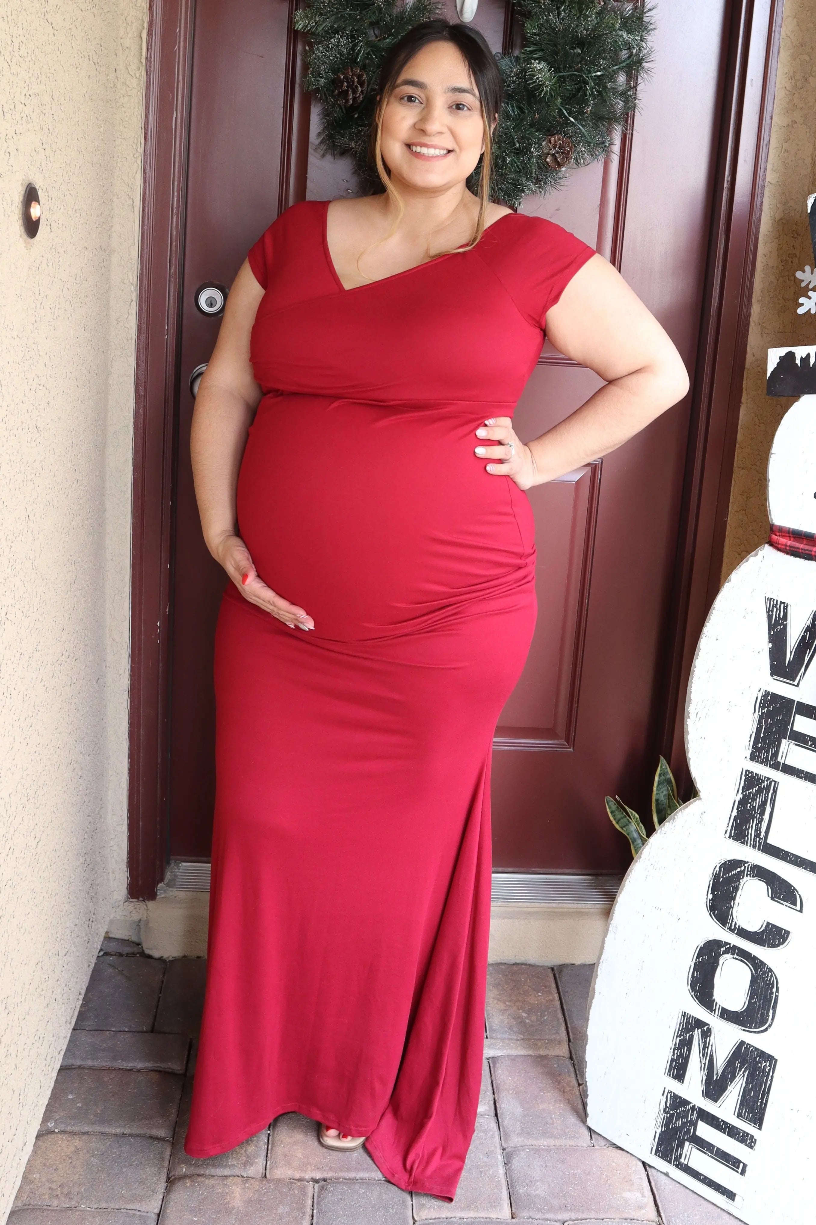 PinkBlush Burgundy Off Shoulder Wrap Maternity Gown For Photoshoots PinkBlush
