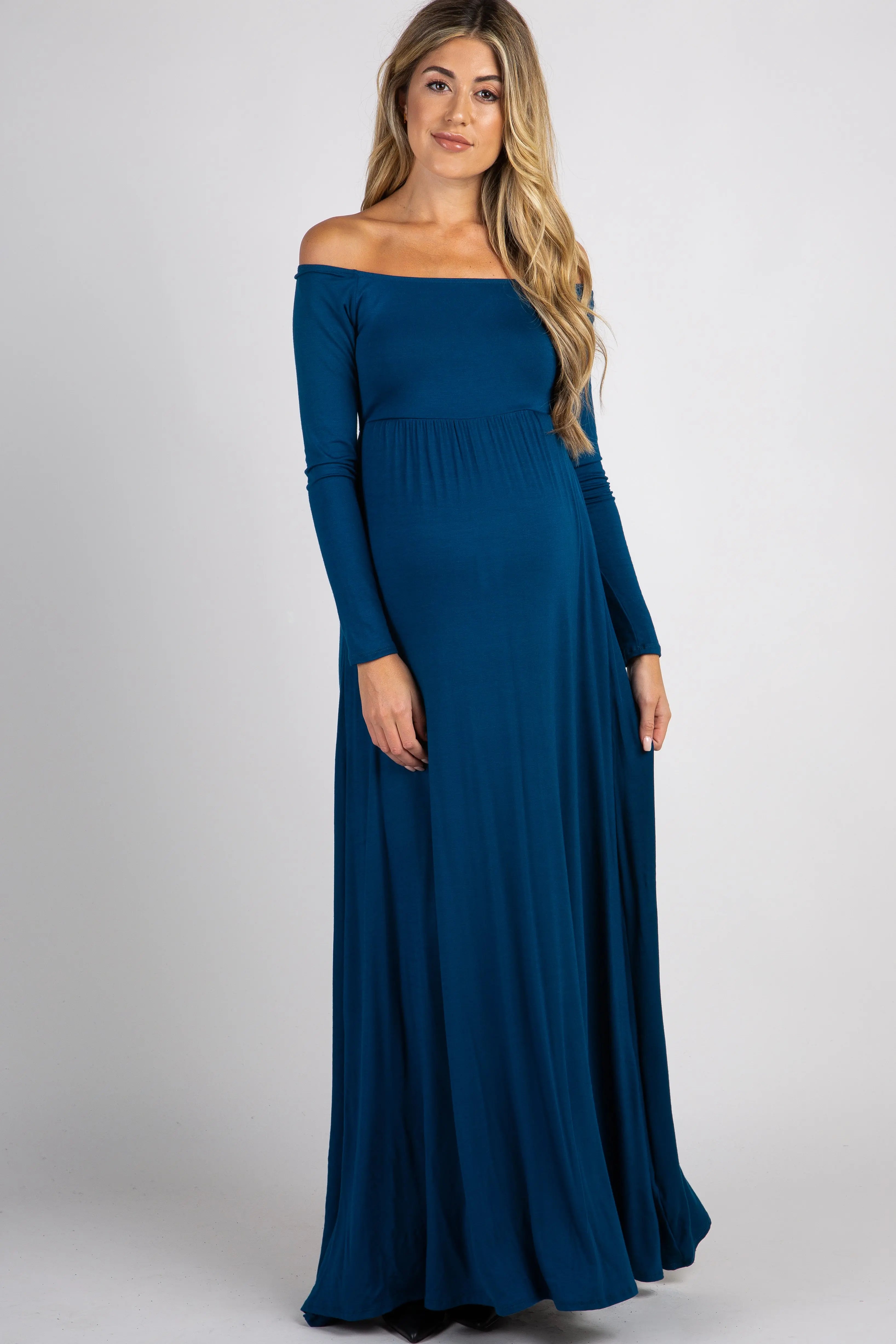PinkBlush Dark Teal Solid Off Shoulder Maternity Maxi Dress PinkBlush