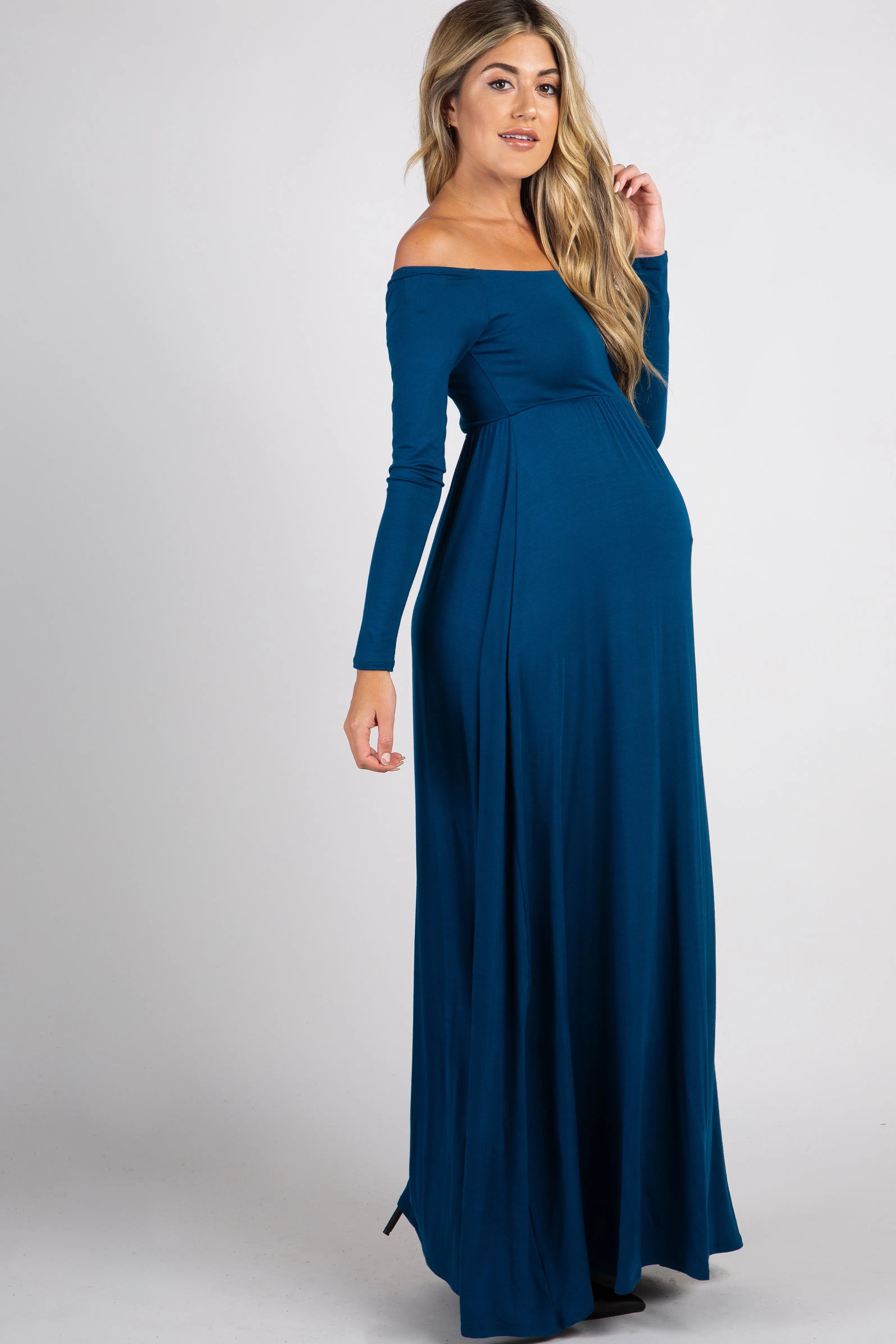 PinkBlush Dark Teal Solid Off Shoulder Maternity Maxi Dress PinkBlush