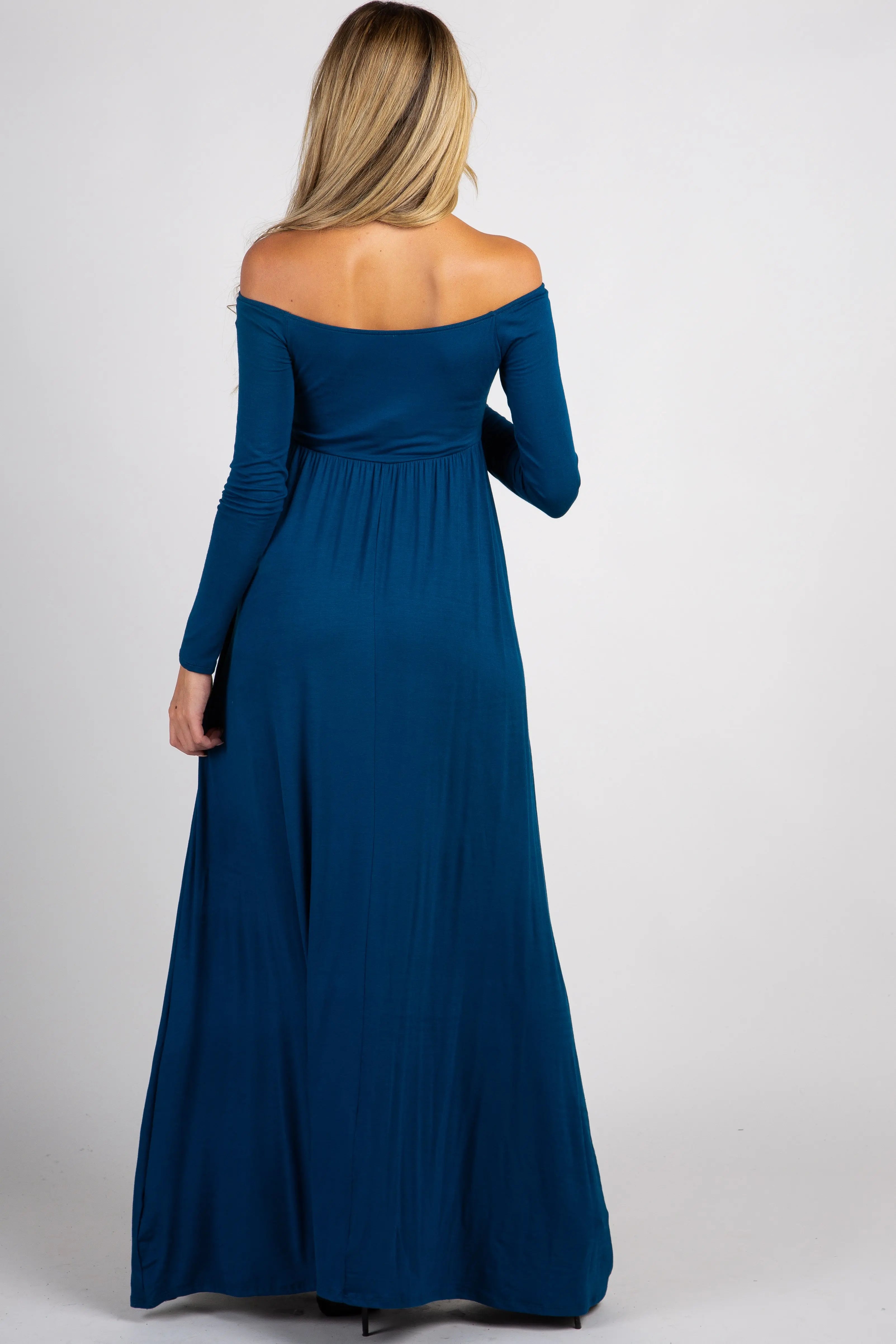 PinkBlush Dark Teal Solid Off Shoulder Maternity Maxi Dress PinkBlush