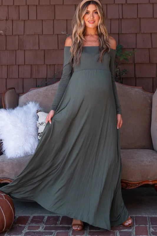 PinkBlush Petite Olive Solid Off Shoulder Maternity Maxi Dress PinkBlush