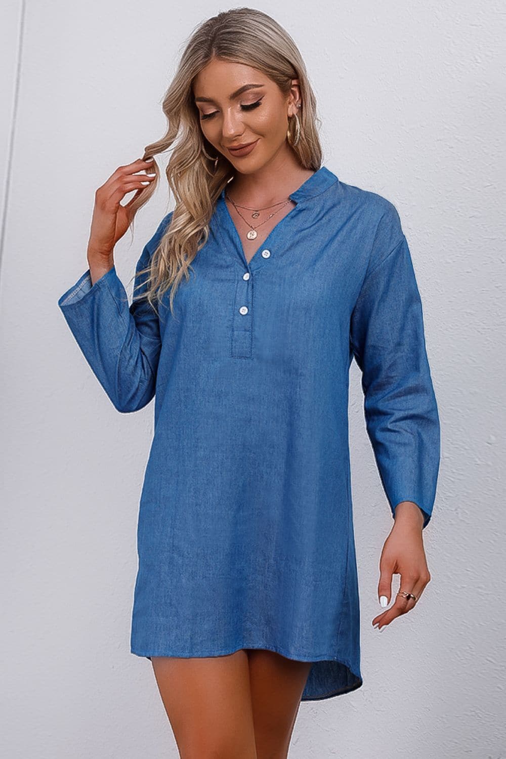 Half-Button Notched Neck High-Low Denim Dress.