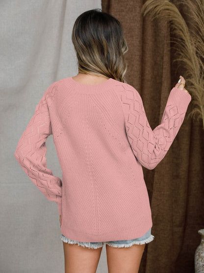 Openwork Round Neck Raglan Sleeve Sweater.