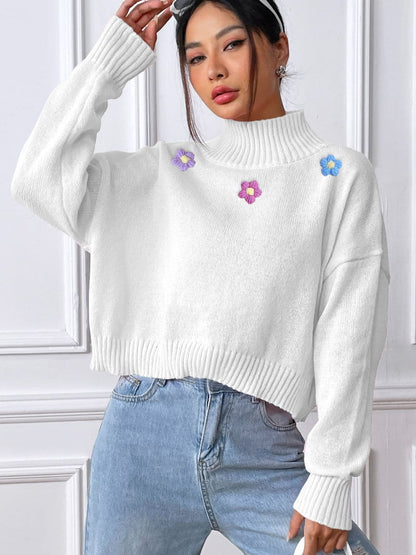 Floral elegance turtleneck long sleeve sweater