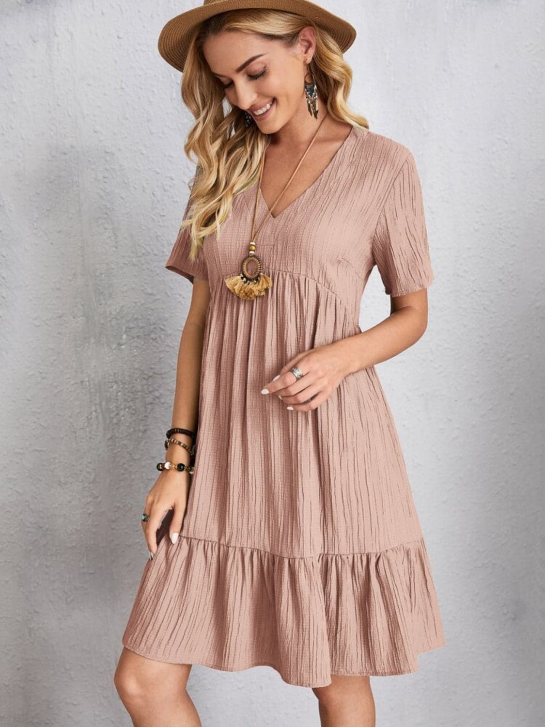 Full Size V-Neck Short Sleeve Dress.