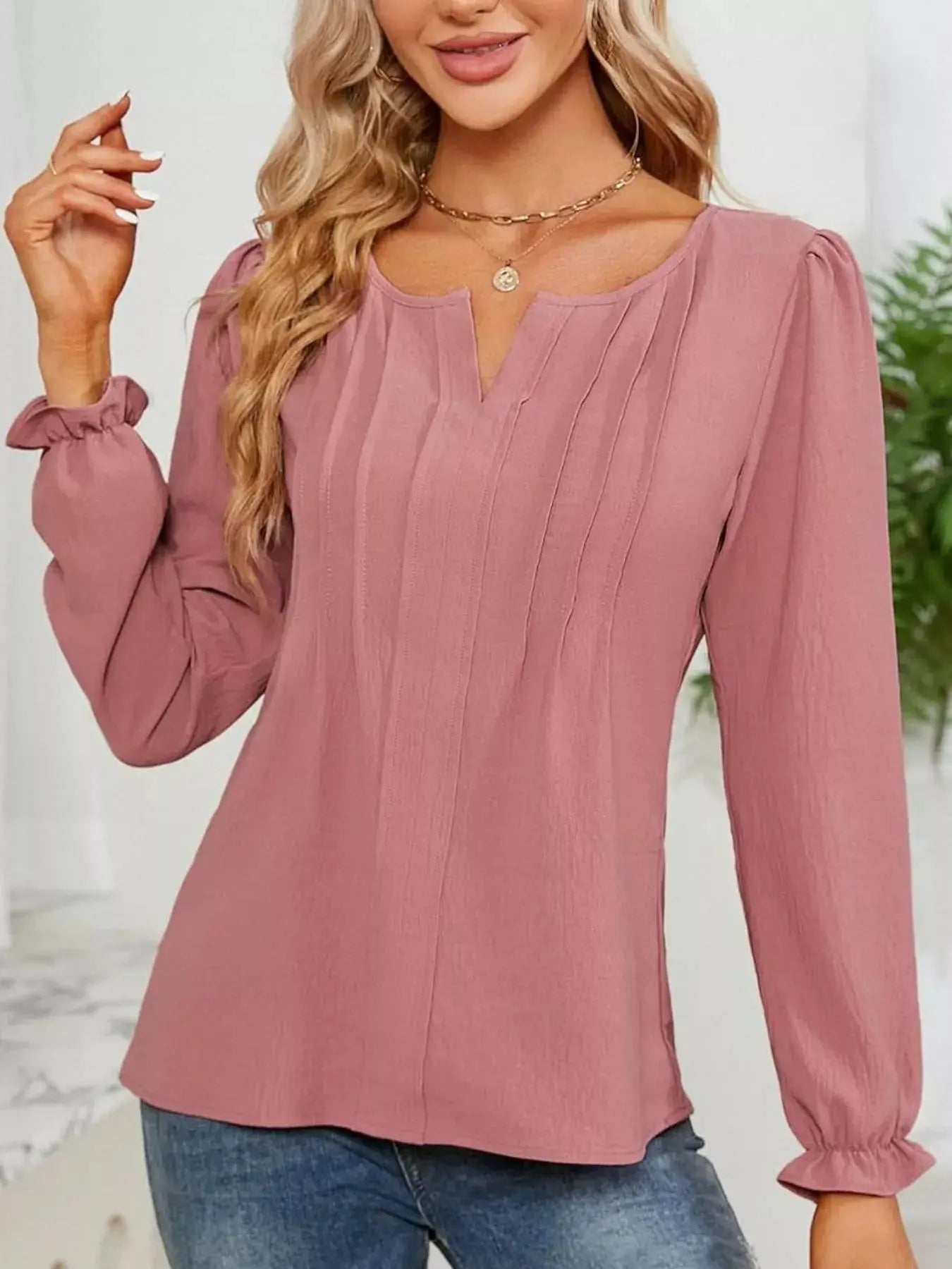 Notched Ruffle Cuff Blouse Simply Love