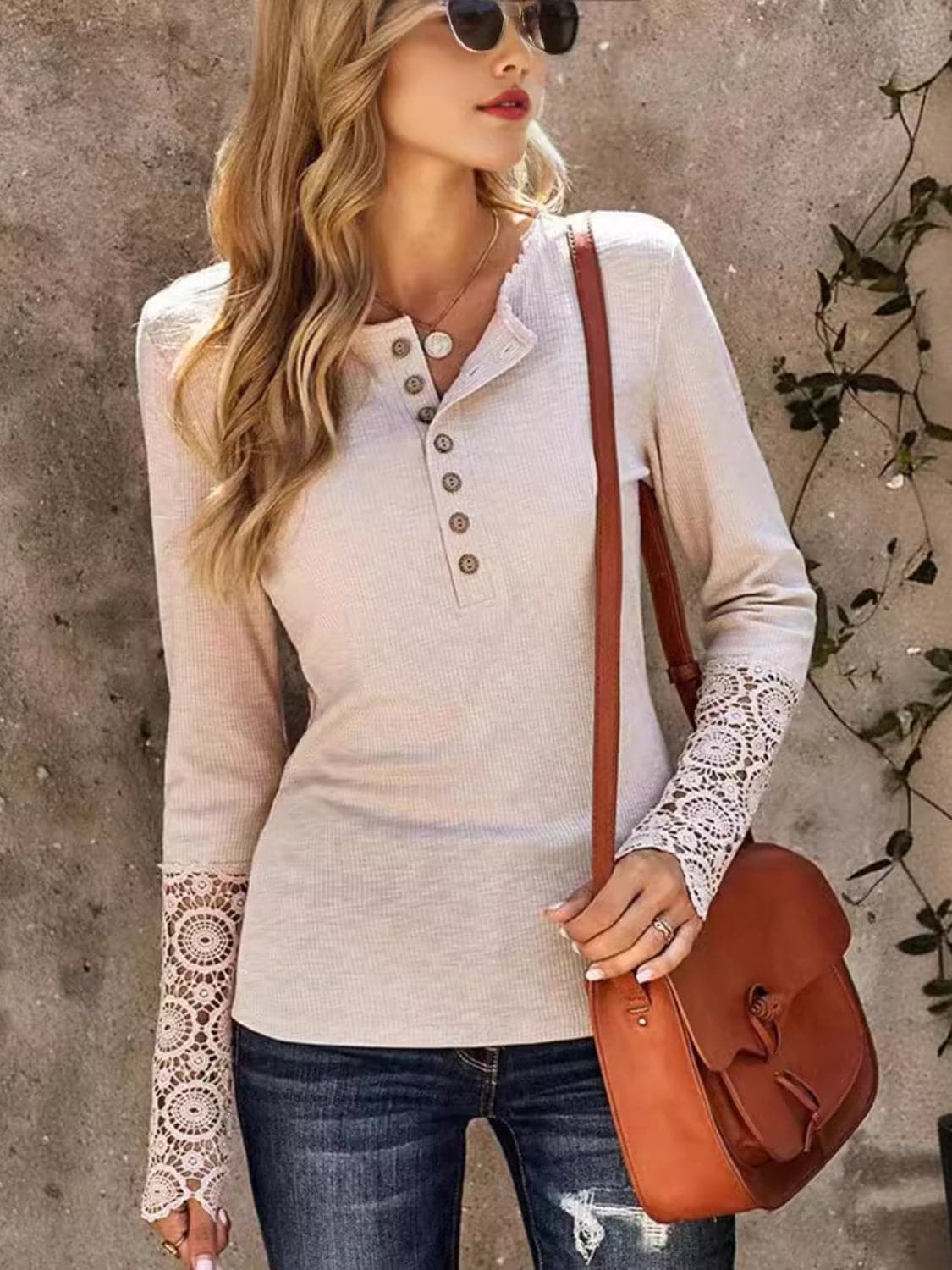 Lace detail button-up tee