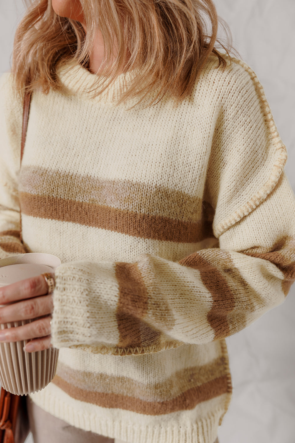Khaki Stripe Exposed Seam Drop Shoulder Knit Baggy Oversized Sweater Cozy Casual Knitwear Dear-Lover Dropshipping