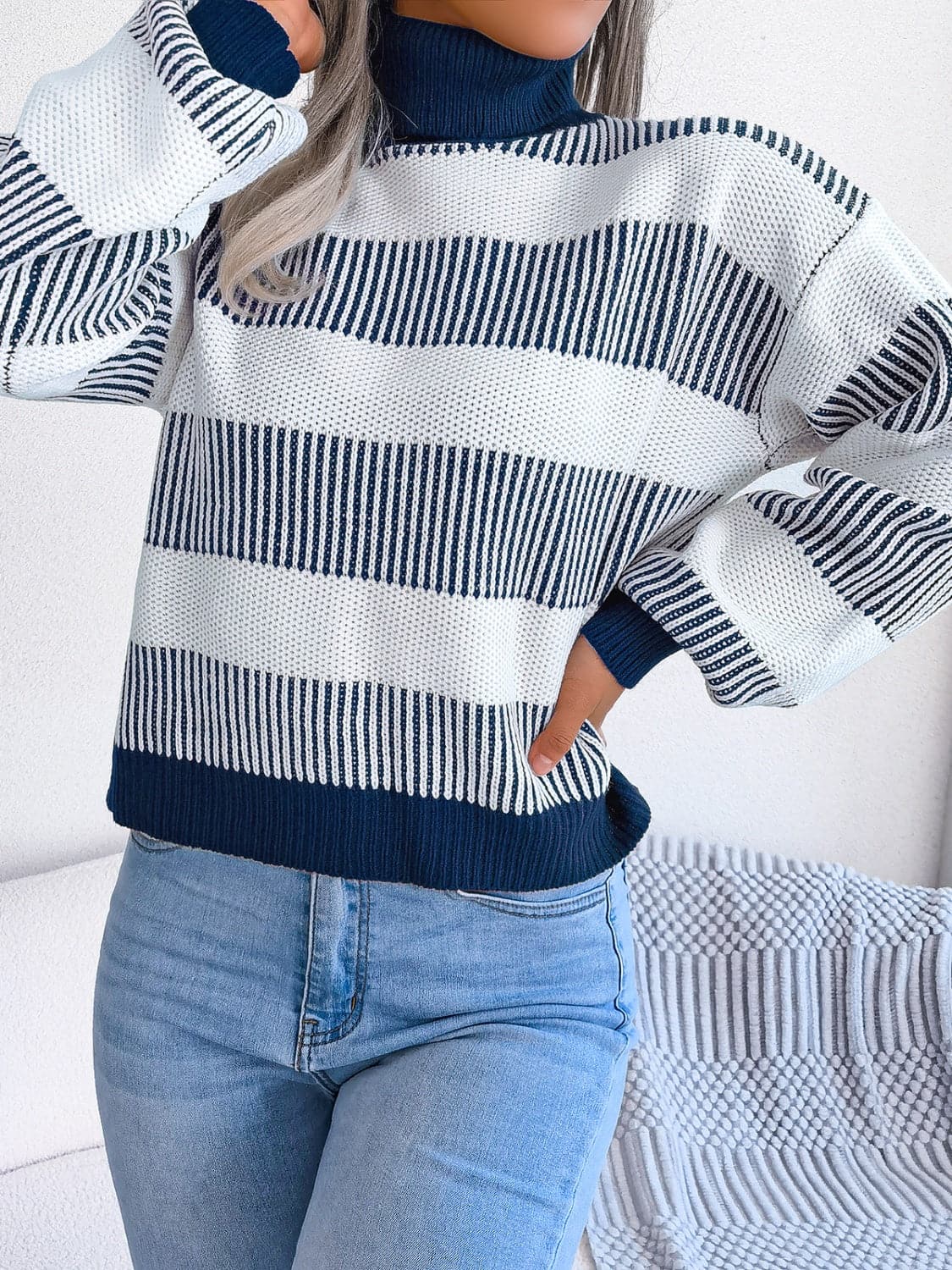 Striped Turtleneck Long Sleeve Sweater.