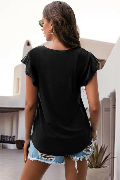 Ruffled Round Neck Cap Sleeve Blouse.