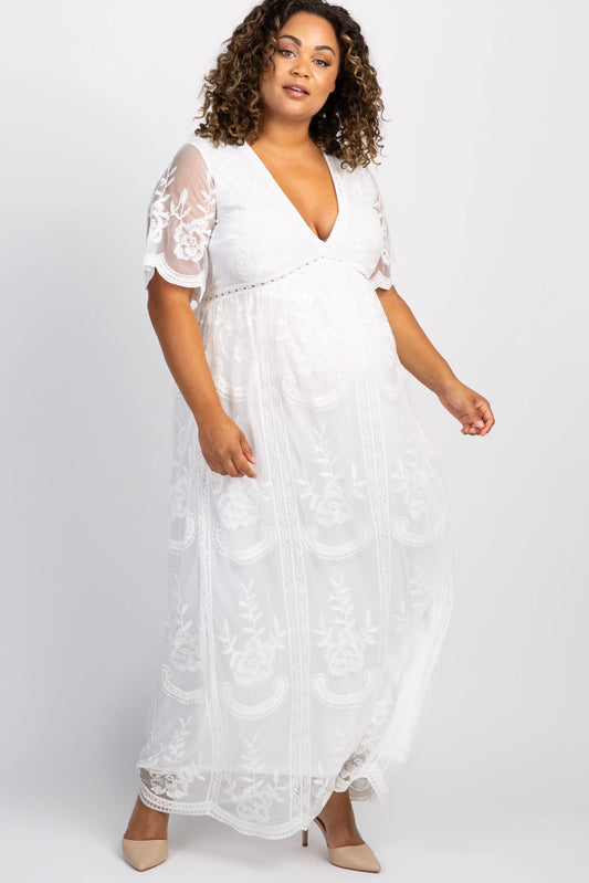 PinkBlush White Lace Mesh Overlay Plus Maternity Maxi Dress PinkBlush