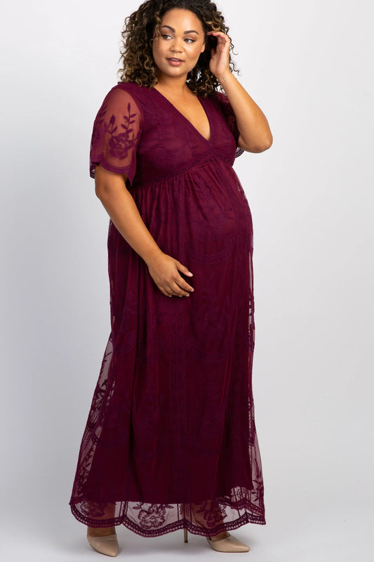 PinkBlush Burgundy Lace Mesh Overlay Plus Size Maternity Maxi Dress PinkBlush