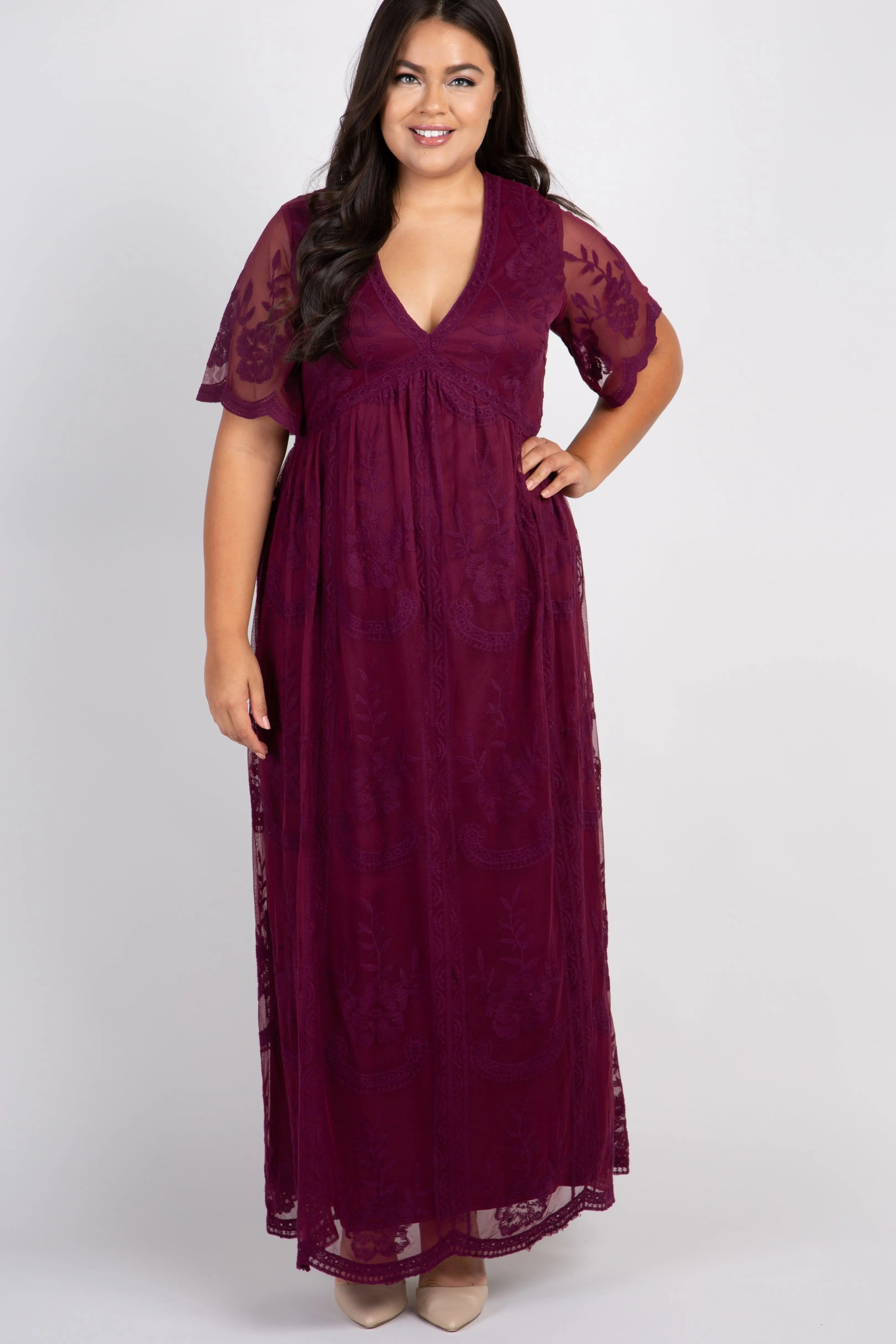 PinkBlush Burgundy Lace Mesh Overlay Plus Size Maxi Dress For Evening Wear PinkBlush
