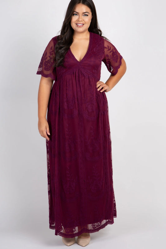 PinkBlush Burgundy Lace Mesh Overlay Plus Size Maxi Dress For Evening Wear PinkBlush