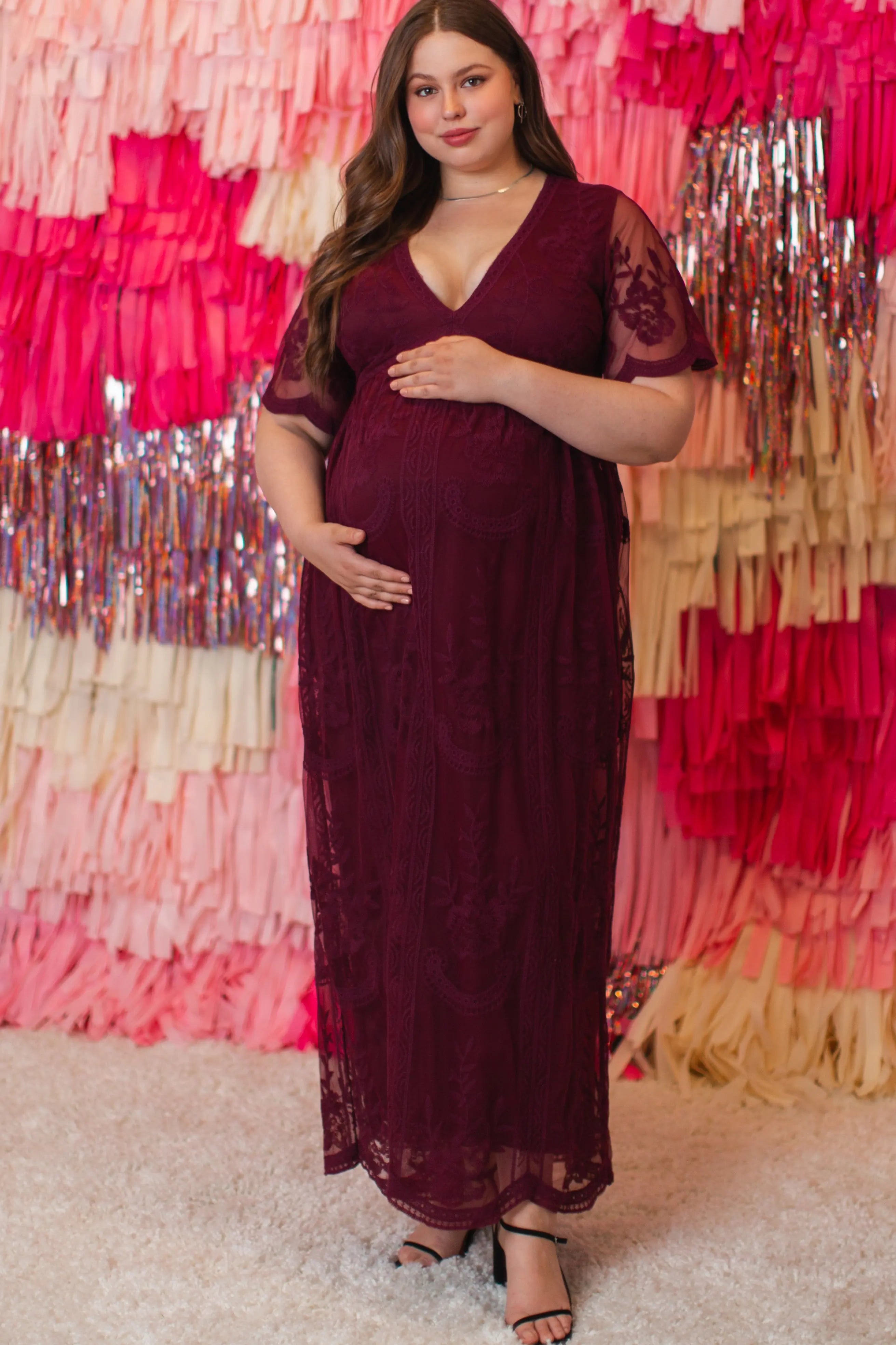 PinkBlush Burgundy Lace Mesh Overlay Plus Size Maternity Maxi Dress PinkBlush