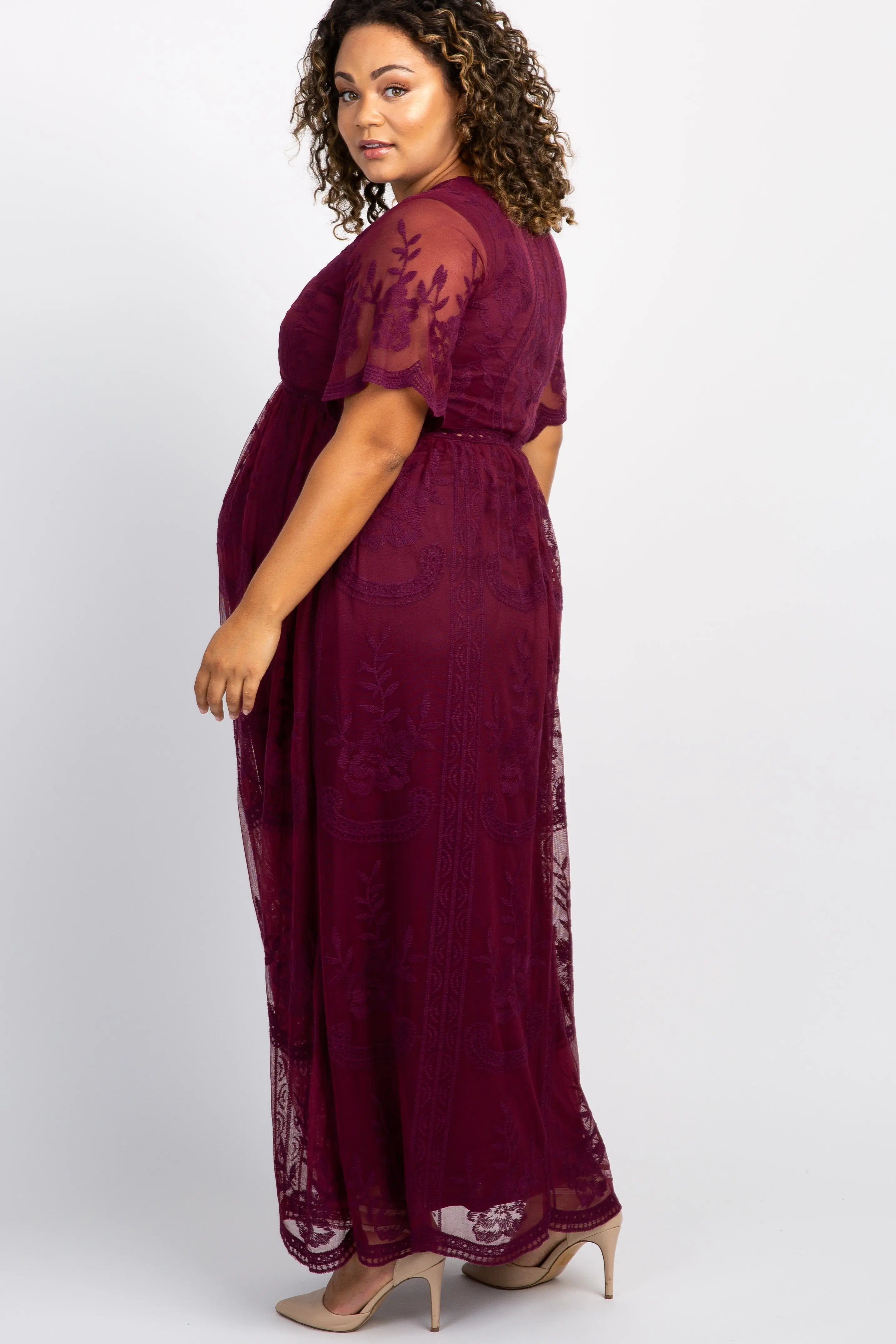 PinkBlush Burgundy Lace Mesh Overlay Plus Size Maternity Maxi Dress PinkBlush