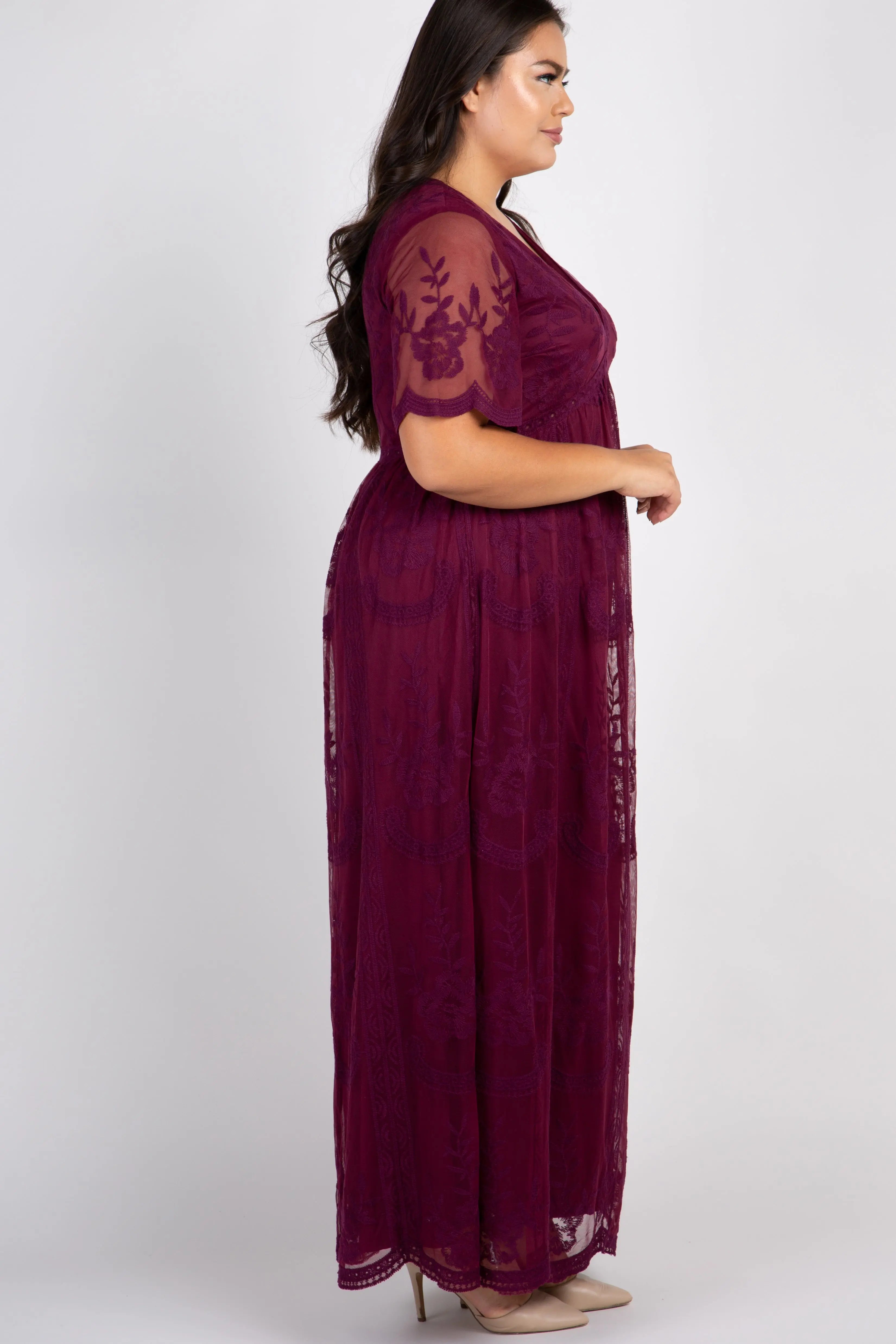 PinkBlush Burgundy Lace Mesh Overlay Plus Size Maxi Dress For Evening Wear PinkBlush