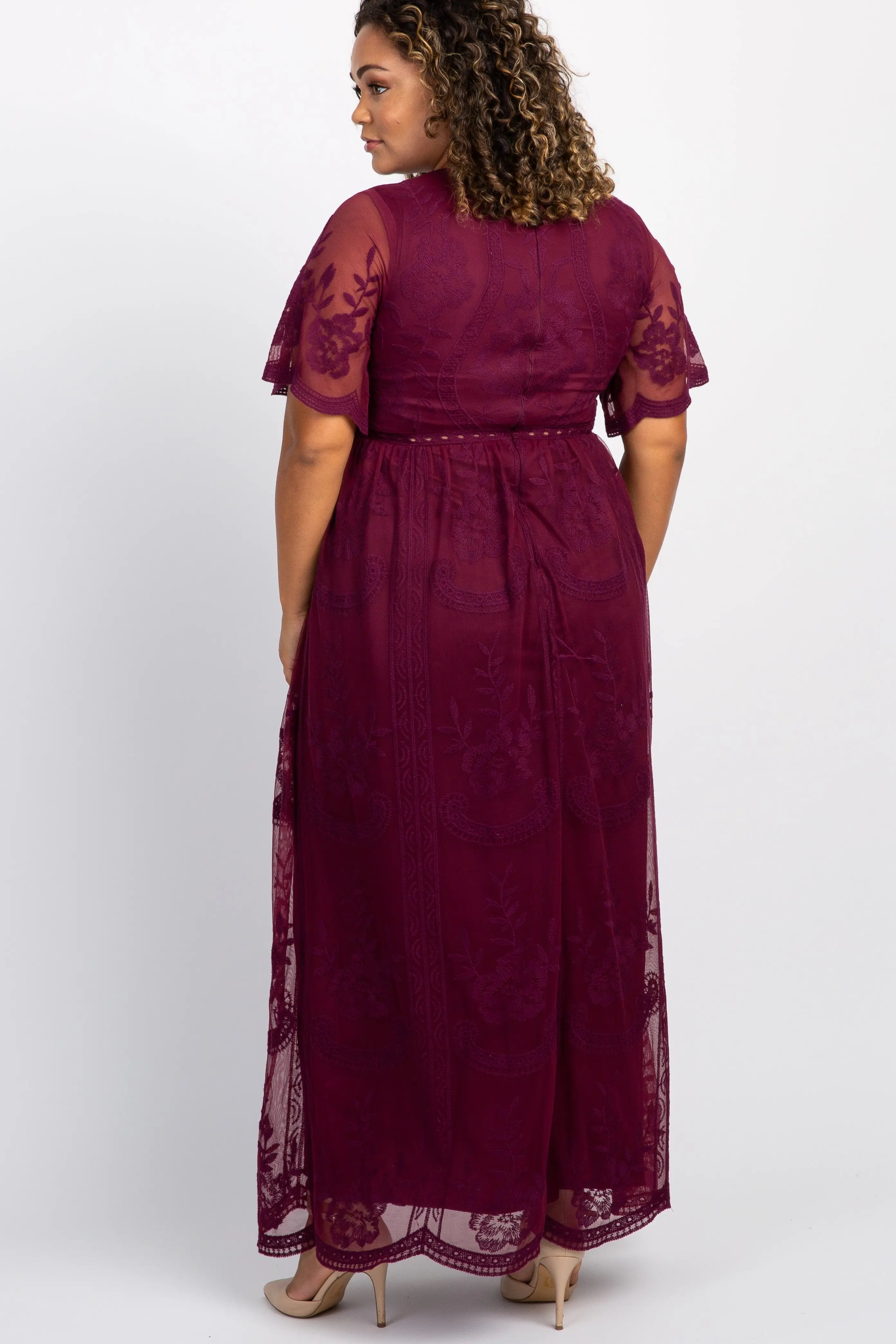 PinkBlush Burgundy Lace Mesh Overlay Plus Size Maternity Maxi Dress PinkBlush