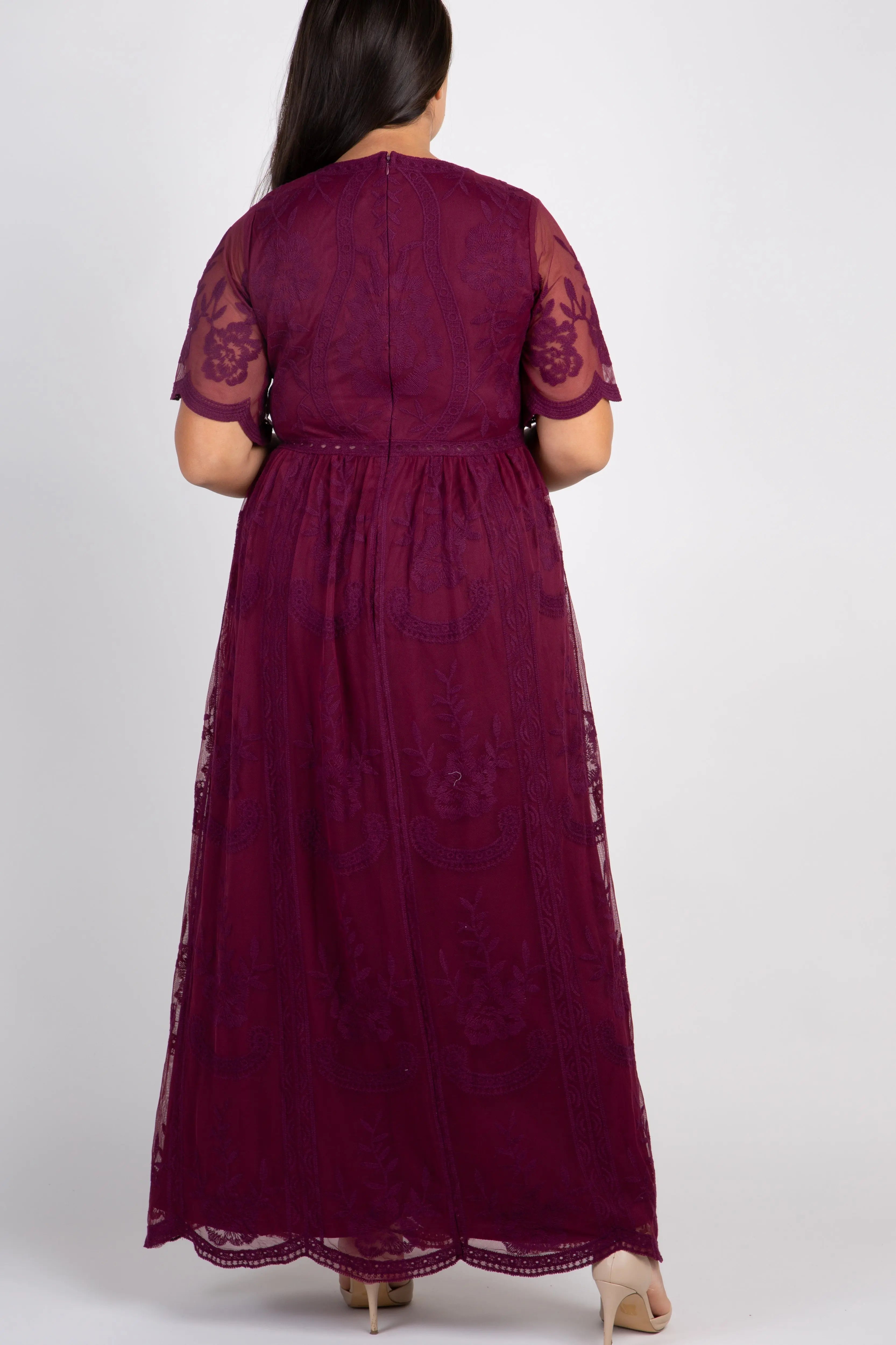 PinkBlush Burgundy Lace Mesh Overlay Plus Size Maxi Dress For Evening Wear PinkBlush