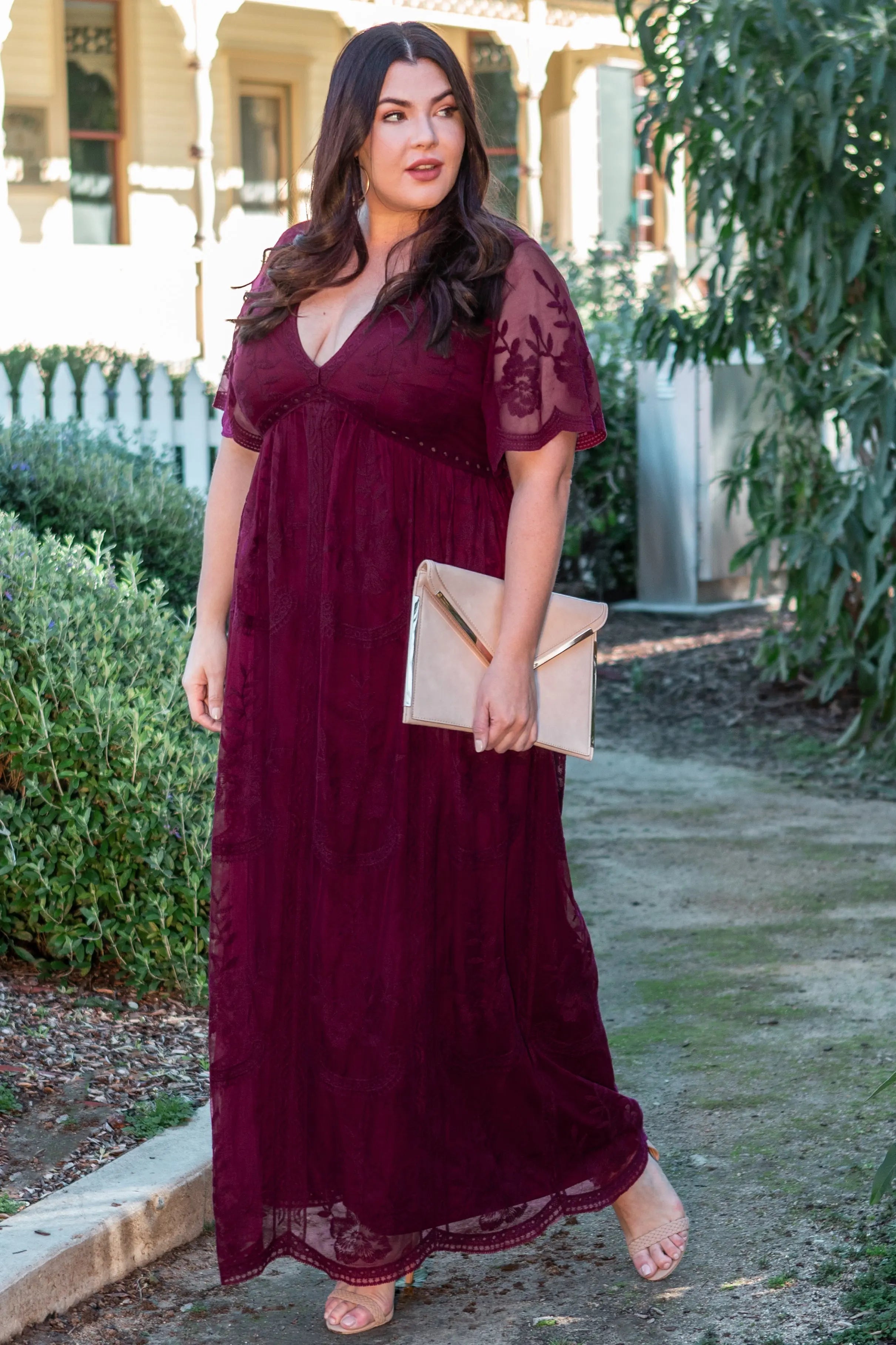 PinkBlush Burgundy Lace Mesh Overlay Plus Size Maxi Dress For Evening Wear PinkBlush
