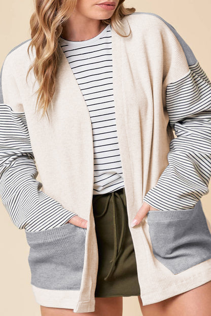 Colorblock Striped Open Front Cardigan with Pockets in Black