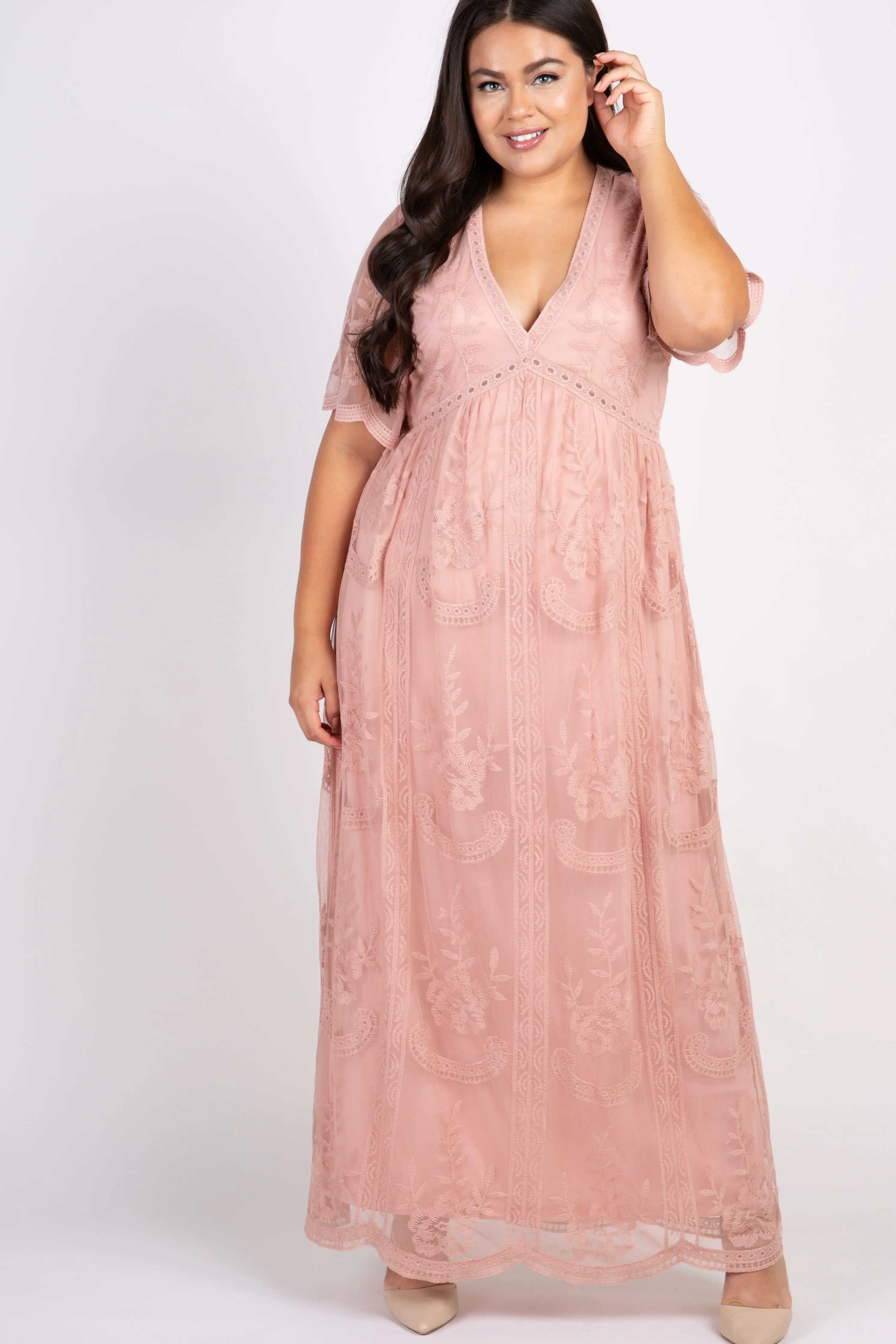 PinkBlush Light Pink Lace Mesh Overlay Plus Size Maxi Dress PinkBlush